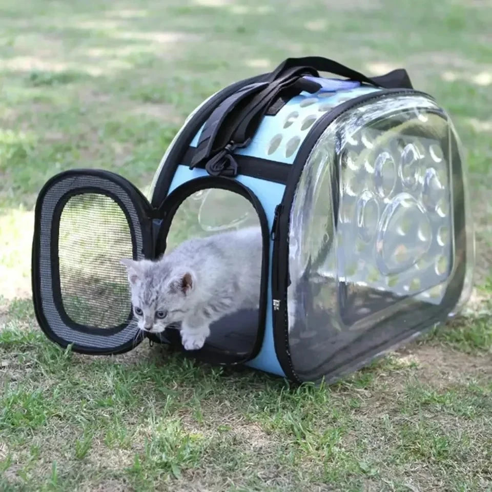 Transparent Pet Carrier Bag for Cats and Dogs - Foldable with Basket