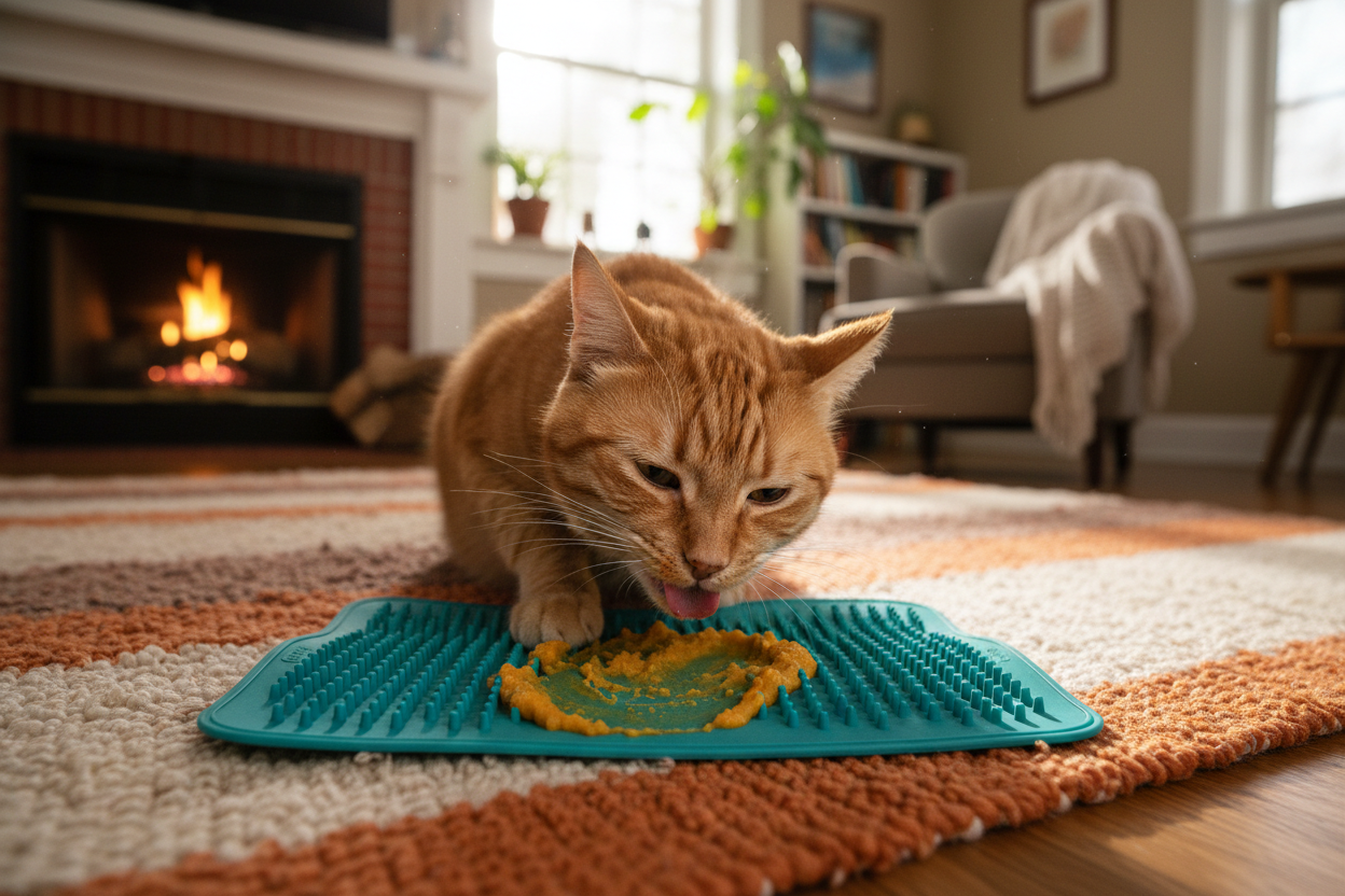 Gato usando alfombrilla lamer