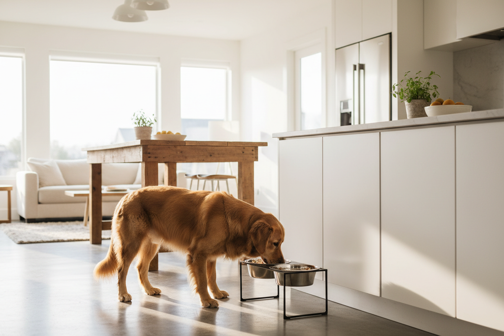 Perro con comedero elevado